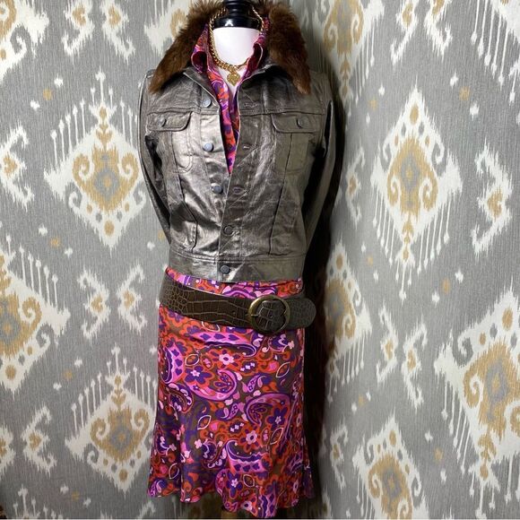 Ralph Lauren Black Label Denim Shearling Trimmed Metallic Coated Trucker Jacket - Picture 6 of 16